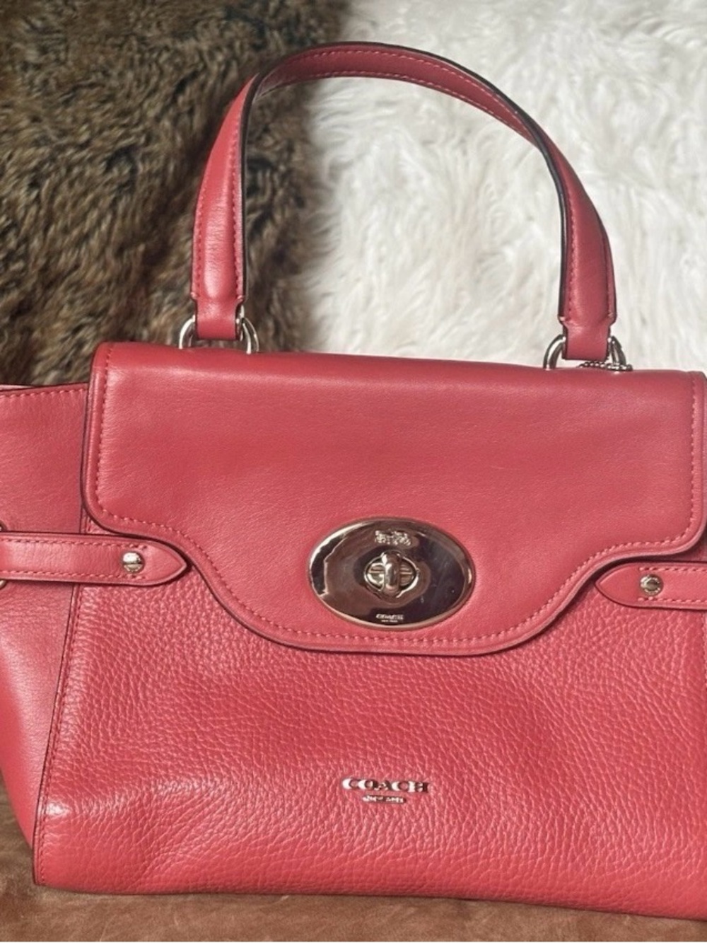 Coach Coral Leather Turnlock Satchel - Dark Coral Pink Red